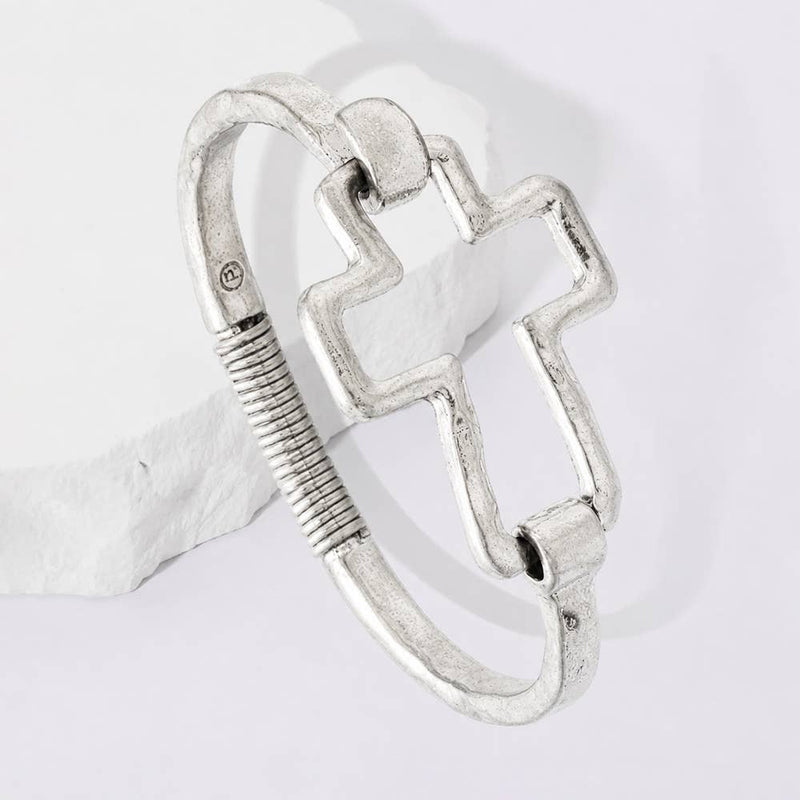 Hammered Open Metal Cross Hook Bracelet-zoom-