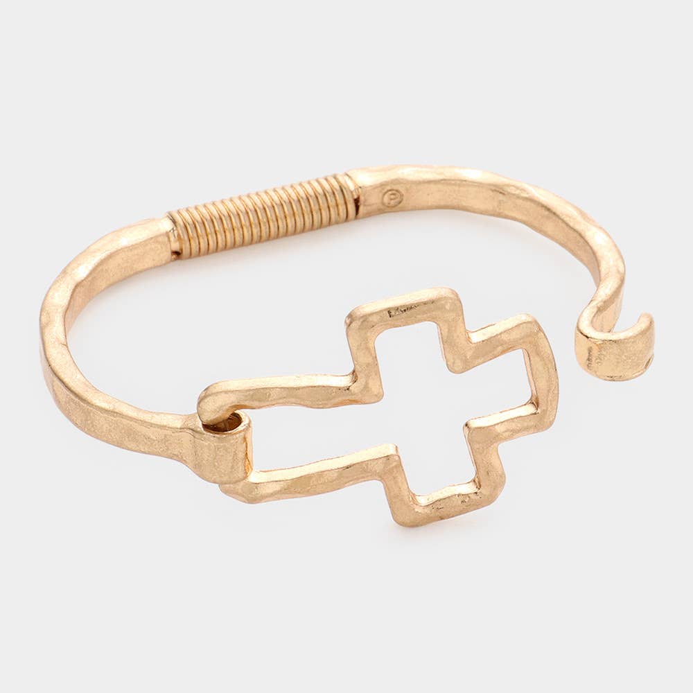 Hammered Open Metal Cross Hook Bracelet-4