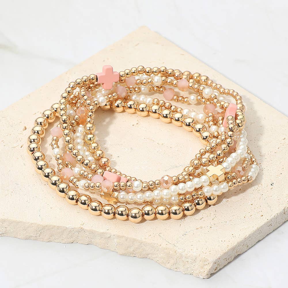 7PCS - Cross Pearl Metal Ball Beaded Stretch Multi Layered Bracelets-zoom-2