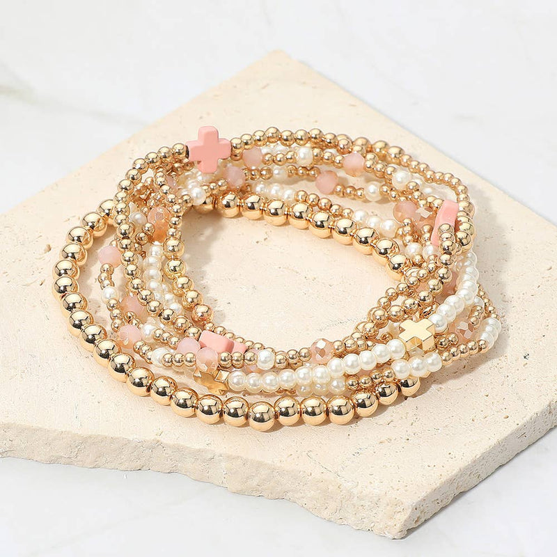 7PCS - Cross Pearl Metal Ball Beaded Stretch Multi Layered Bracelets-zoom-