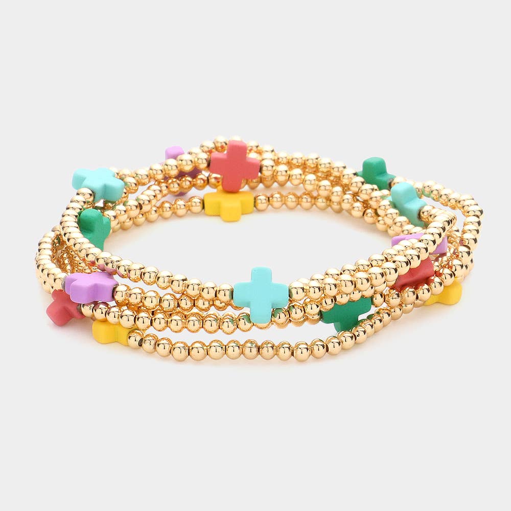 5PCS - Cross Pointed Metal Ball Beaded Multi Bracelets-20