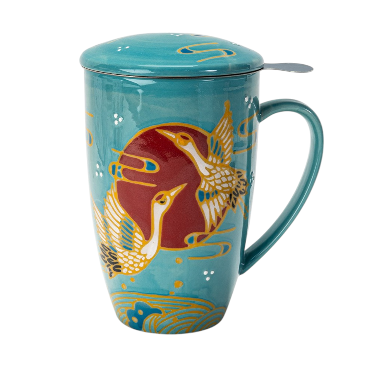 JAPANESE 15 oz TEA MUG WITH INFUSER - SUNSET WAVES w/CRANE DESIGN-zoom-1