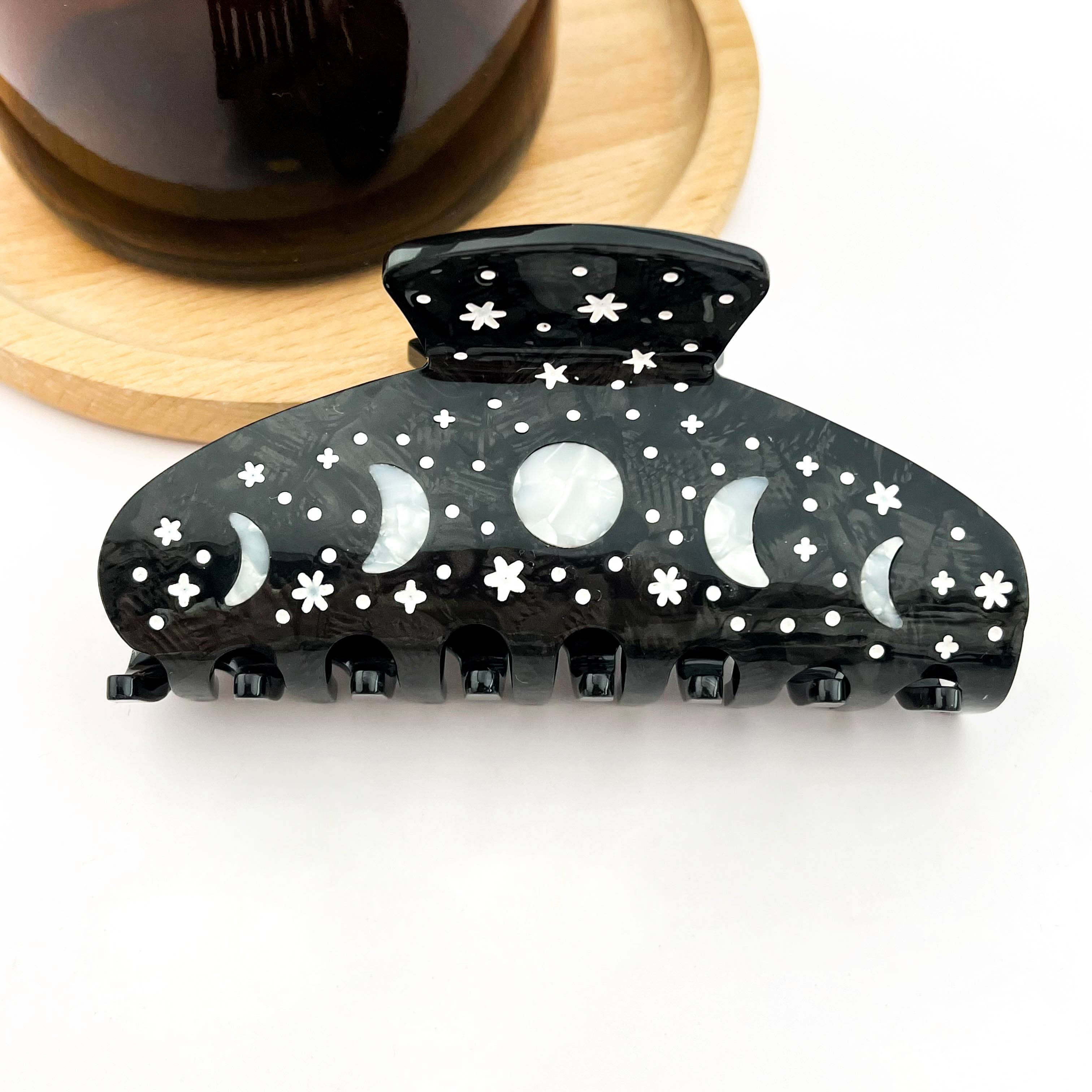 Black Starry Night Hair Claw, Crescent & Full Moon Hair Clip-zoom-1