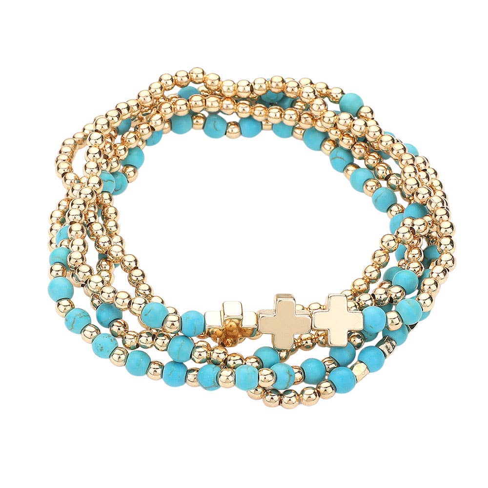5PCS - Natural Stone Metal Cross Ball Beaded Stretch Multi Layered Bracelets-zoom-9