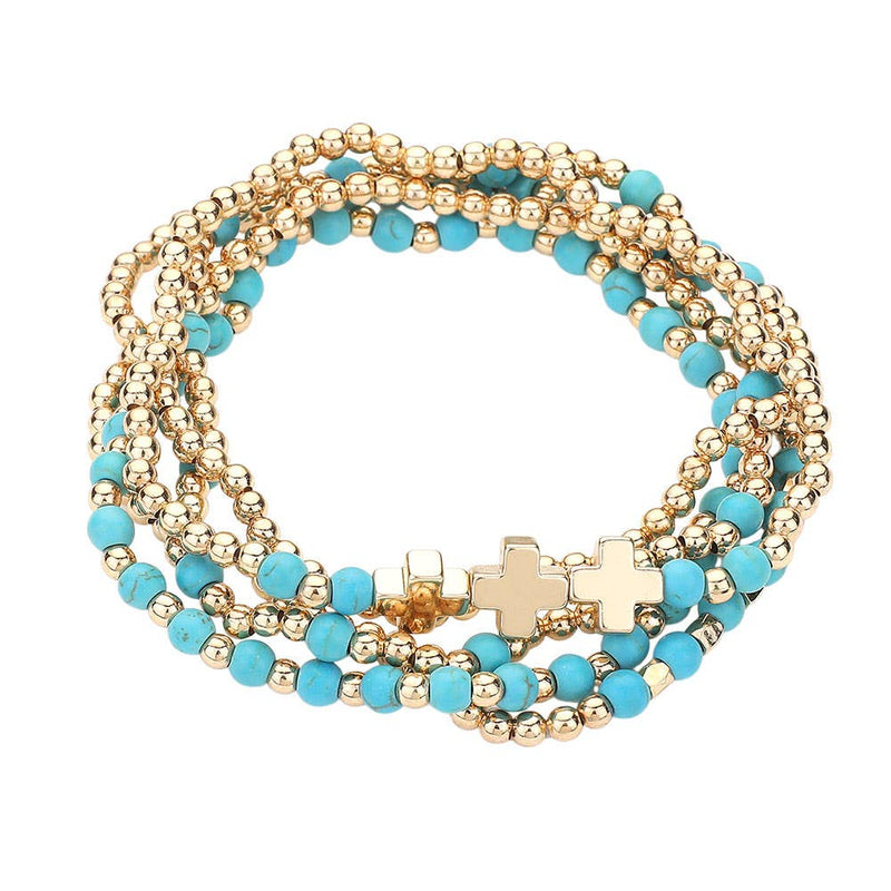 5PCS - Natural Stone Metal Cross Ball Beaded Stretch Multi Layered Bracelets-zoom-