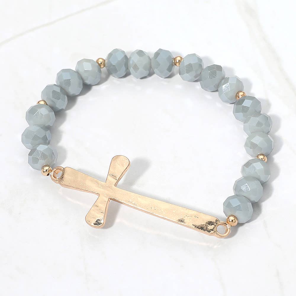 Brushed Hammered Metal Cross Accent Faceted Beaded Stretch Bracelet-zoom-8