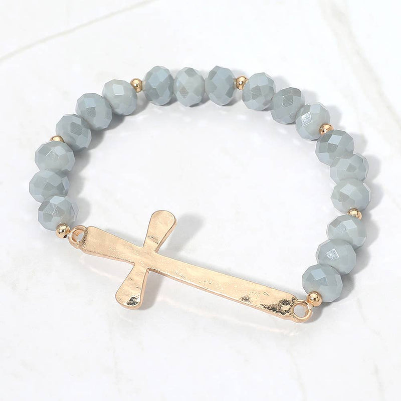 Brushed Hammered Metal Cross Accent Faceted Beaded Stretch Bracelet-zoom-