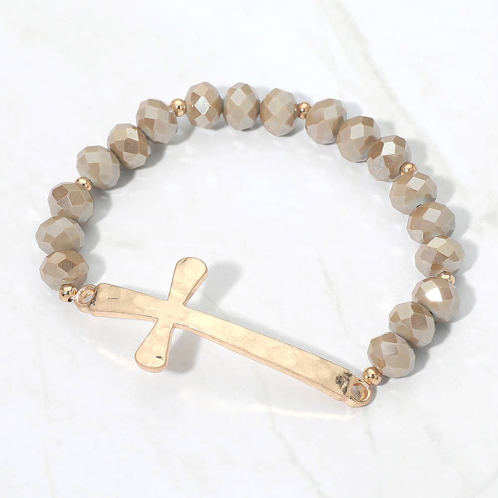 Brushed Hammered Metal Cross Accent Faceted Beaded Stretch Bracelet-zoom-7
