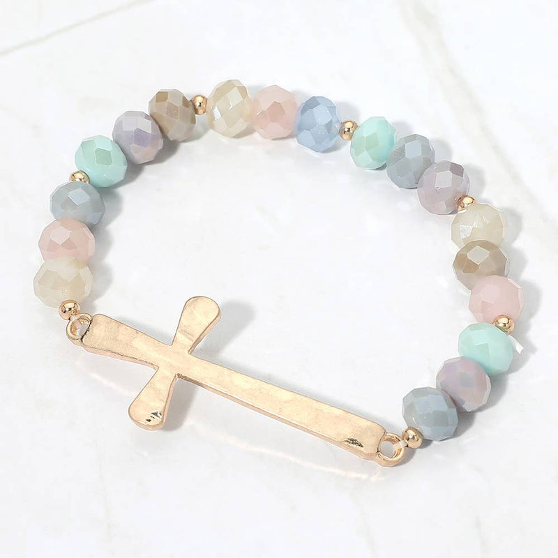 Brushed Hammered Metal Cross Accent Faceted Beaded Stretch Bracelet-zoom-
