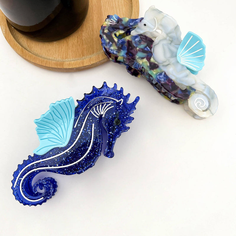 Blue Seahorse Hair Clip, Ocean-Inspired Animal Claw Clip-zoom-
