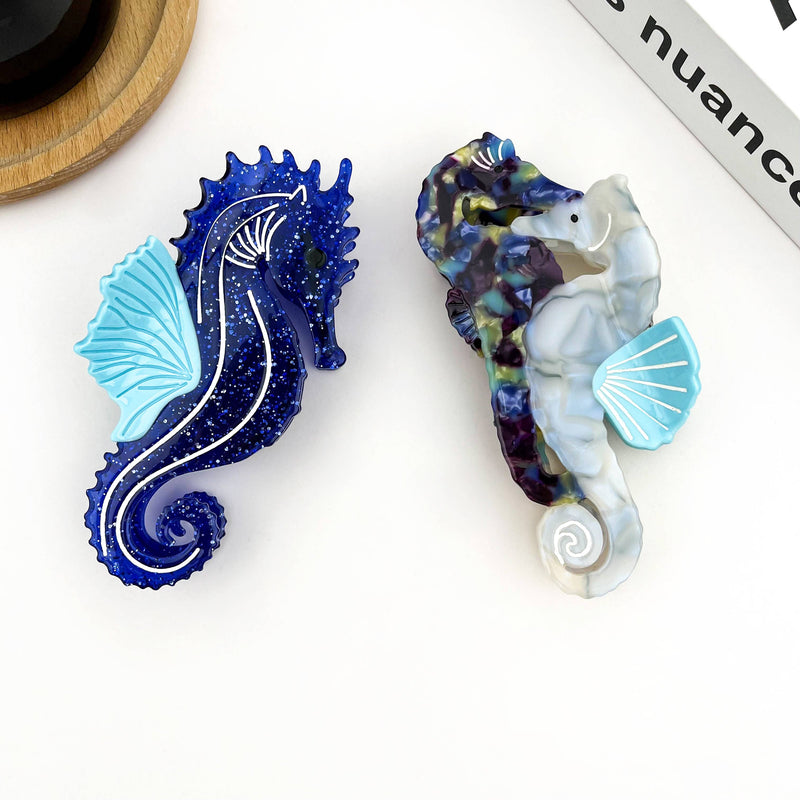Blue Seahorse Hair Clip, Ocean-Inspired Animal Claw Clip-zoom-
