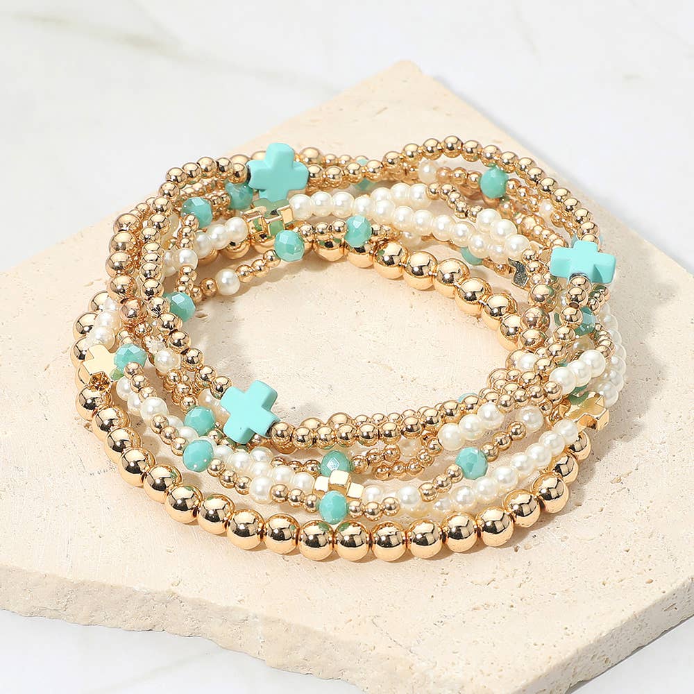 7PCS - Cross Pearl Metal Ball Beaded Stretch Multi Layered Bracelets-14