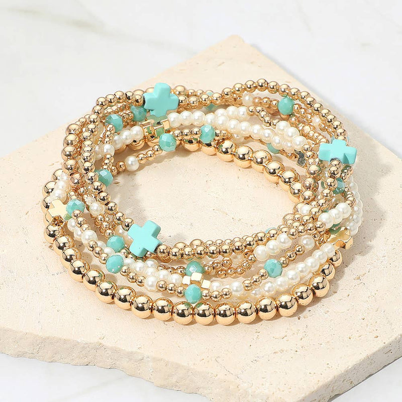 7PCS - Cross Pearl Metal Ball Beaded Stretch Multi Layered Bracelets-zoom-