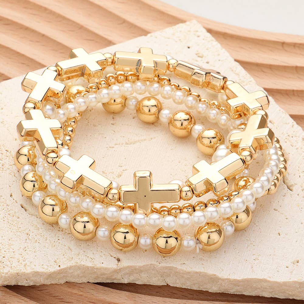 5PCS - Metal Cross Pearl Bead Stretch Multi Layered Bracelet