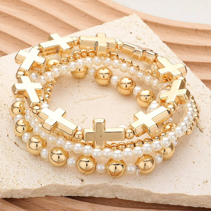 5PCS - Metal Cross Pearl Bead Stretch Multi Layered Bracelet-zoom-
