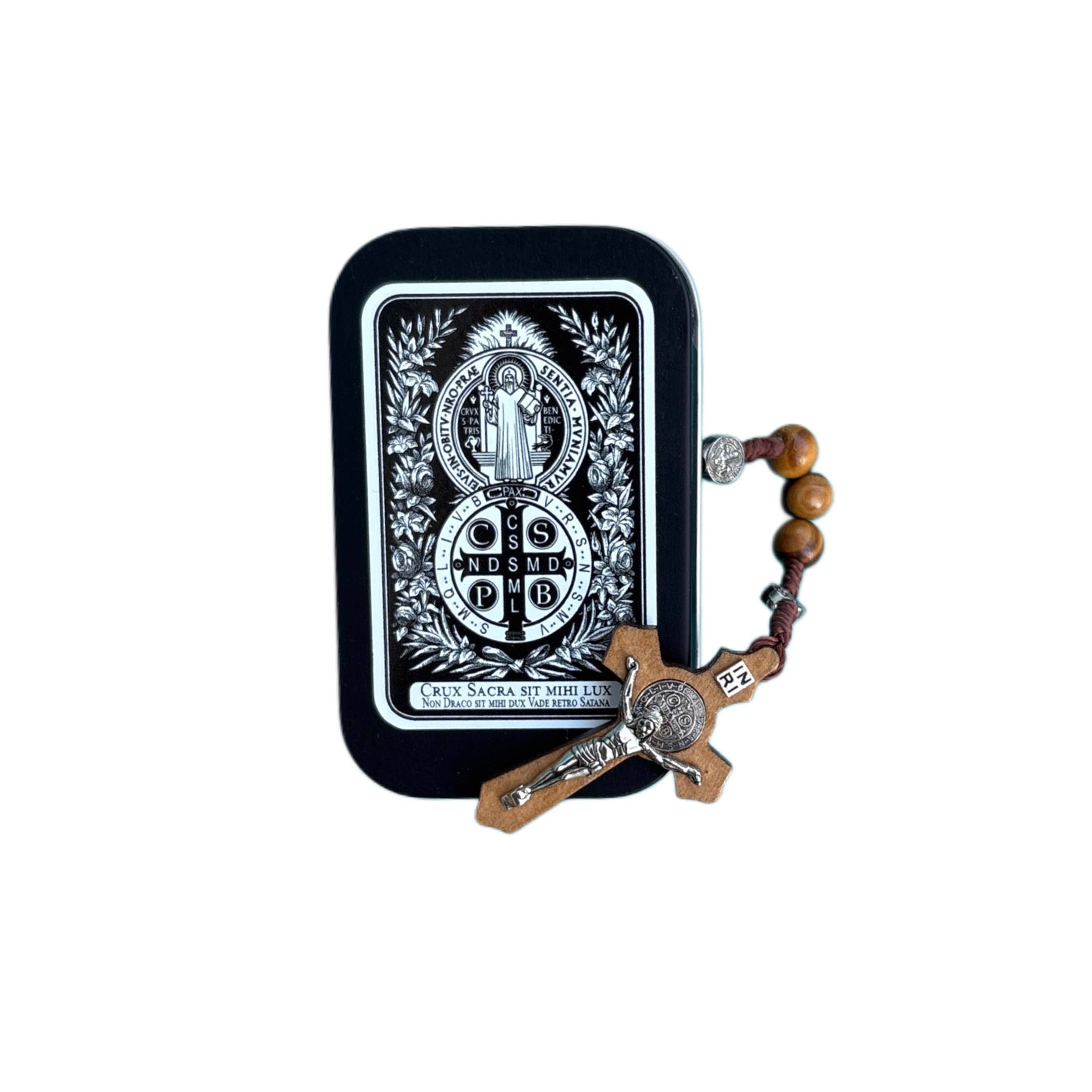 ST. BENEDICT WOODEN ROSARY WITH KEEPSAKE TIN-zoom-1