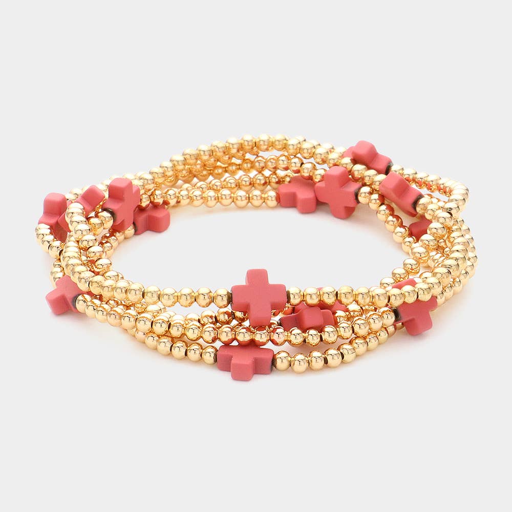 5PCS - Cross Pointed Metal Ball Beaded Multi Bracelets-4