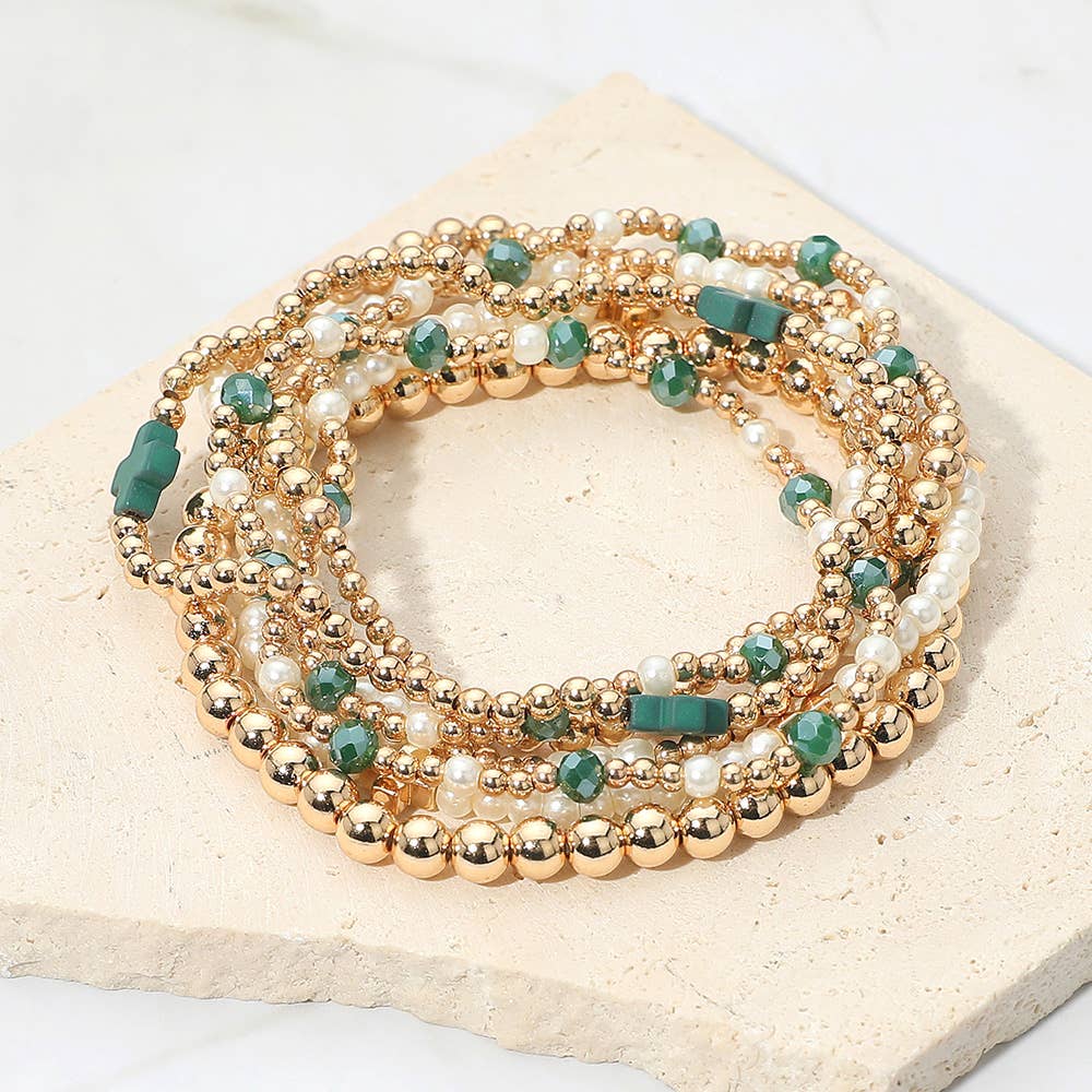 7PCS - Cross Pearl Metal Ball Beaded Stretch Multi Layered Bracelets-zoom-8