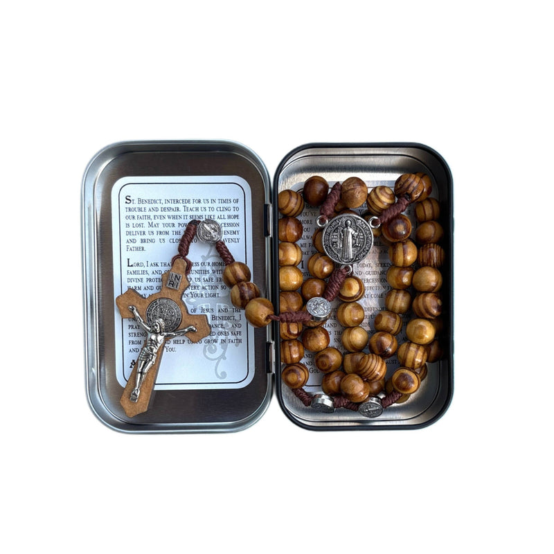 ST. BENEDICT WOODEN ROSARY WITH KEEPSAKE TIN-zoom-