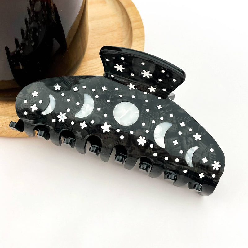 Black Starry Night Hair Claw, Crescent & Full Moon Hair Clip-zoom-