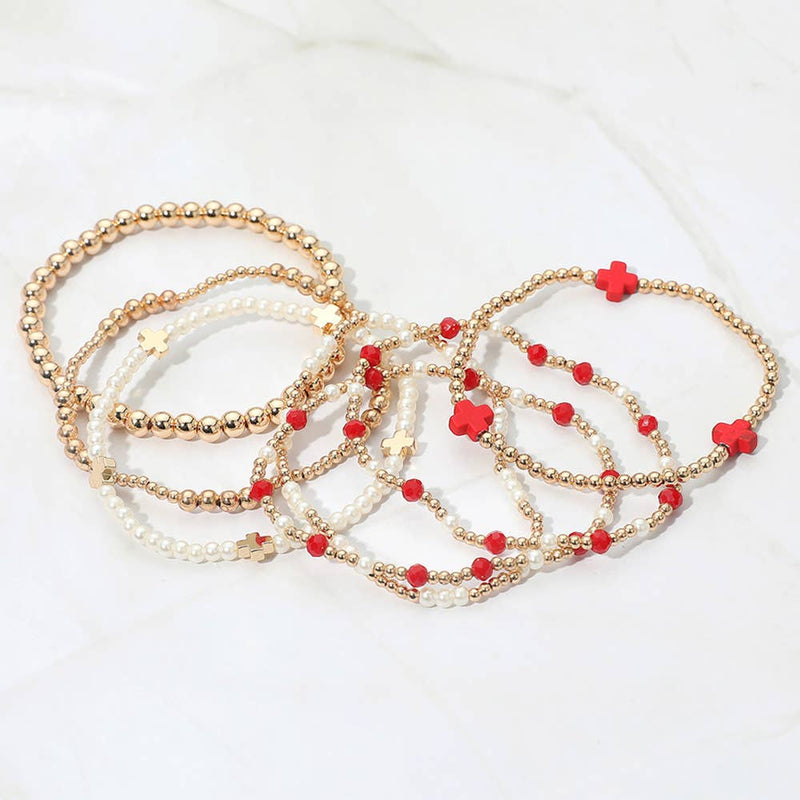 7PCS - Cross Pearl Metal Ball Beaded Stretch Multi Layered Bracelets-zoom-