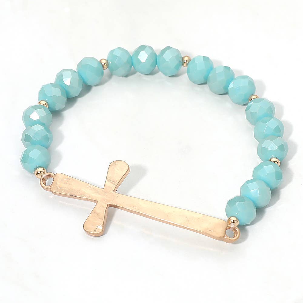 Brushed Hammered Metal Cross Accent Faceted Beaded Stretch Bracelet-zoom-2