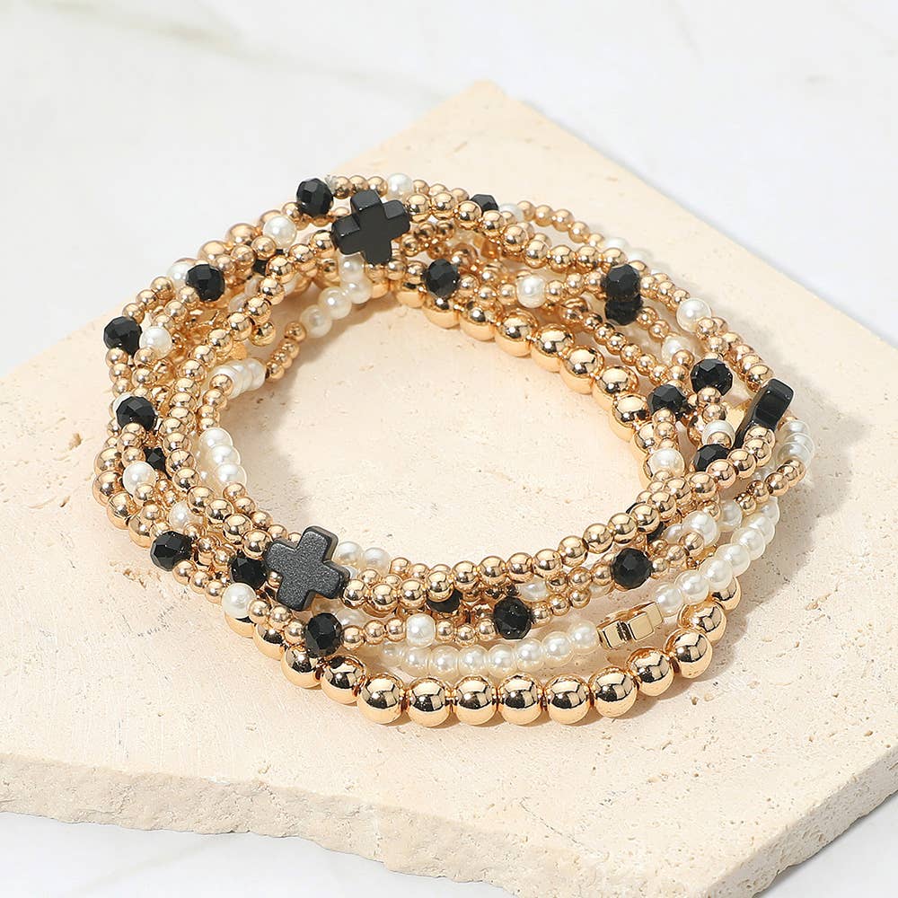 7PCS - Cross Pearl Metal Ball Beaded Stretch Multi Layered Bracelets-3
