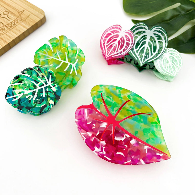 Red Palm Leaf & Monstera Acetate Hair Claw Clip-zoom-