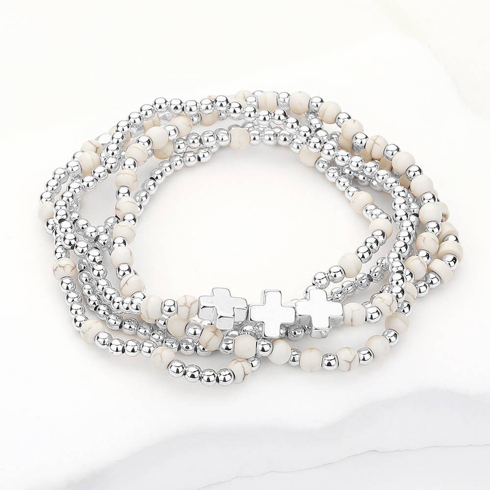 5PCS - Natural Stone Metal Cross Ball Beaded Stretch Multi Layered Bracelets-5