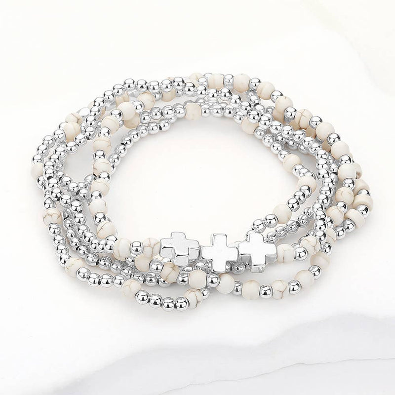 5PCS - Natural Stone Metal Cross Ball Beaded Stretch Multi Layered Bracelets-zoom-