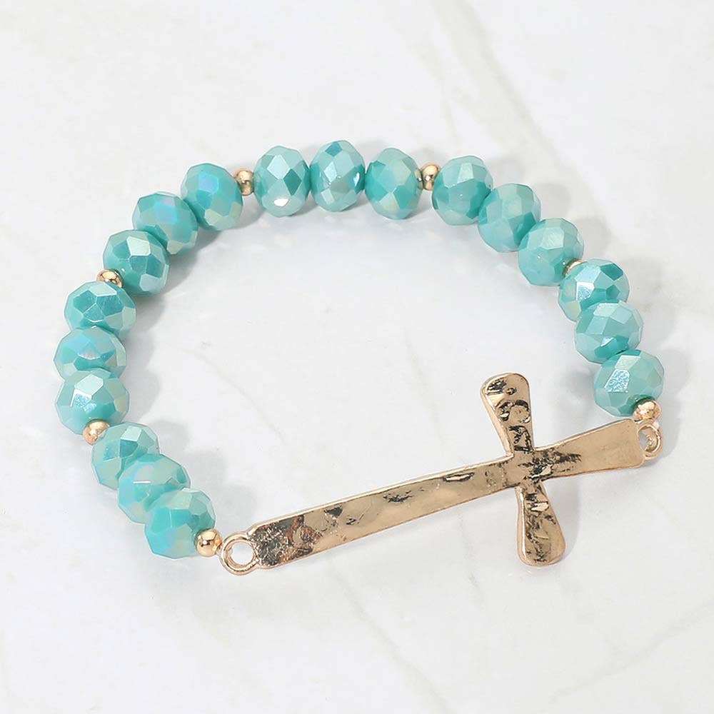 Brushed Hammered Metal Cross Accent Faceted Beaded Stretch Bracelet-4