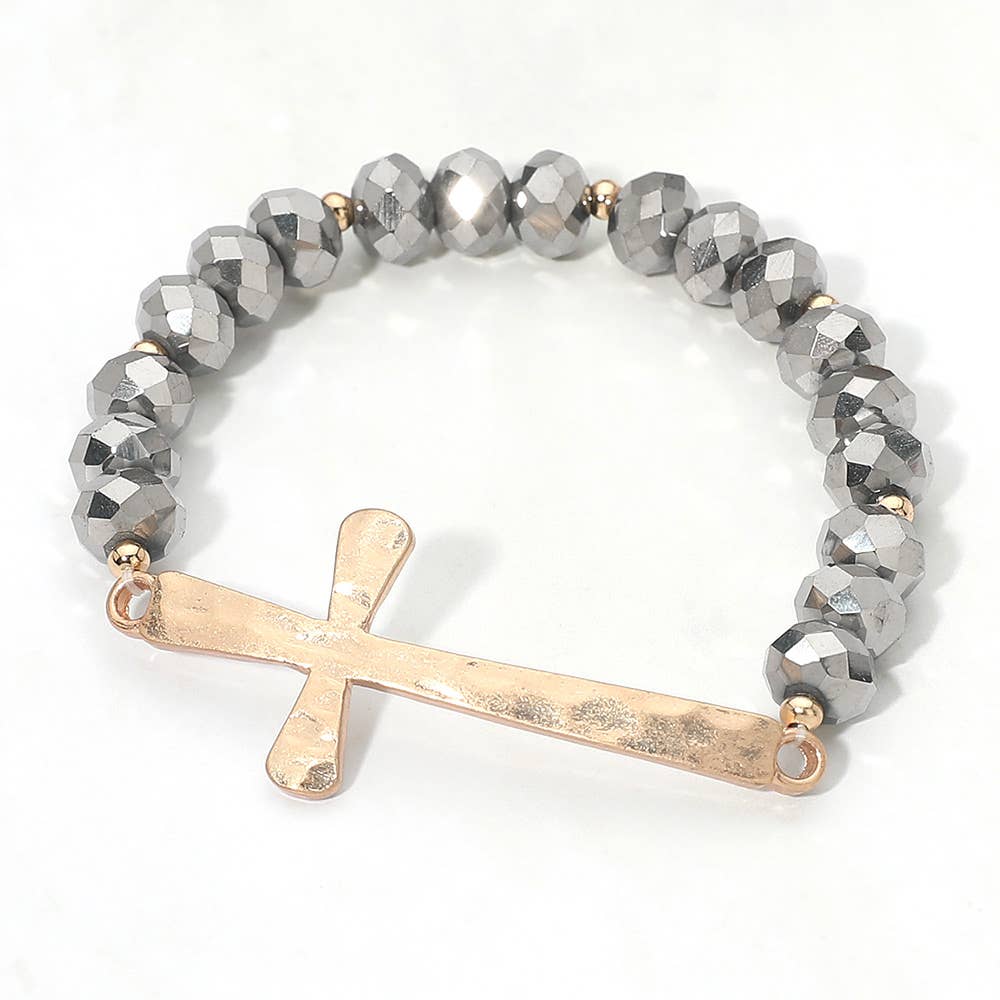 Brushed Hammered Metal Cross Accent Faceted Beaded Stretch Bracelet-13
