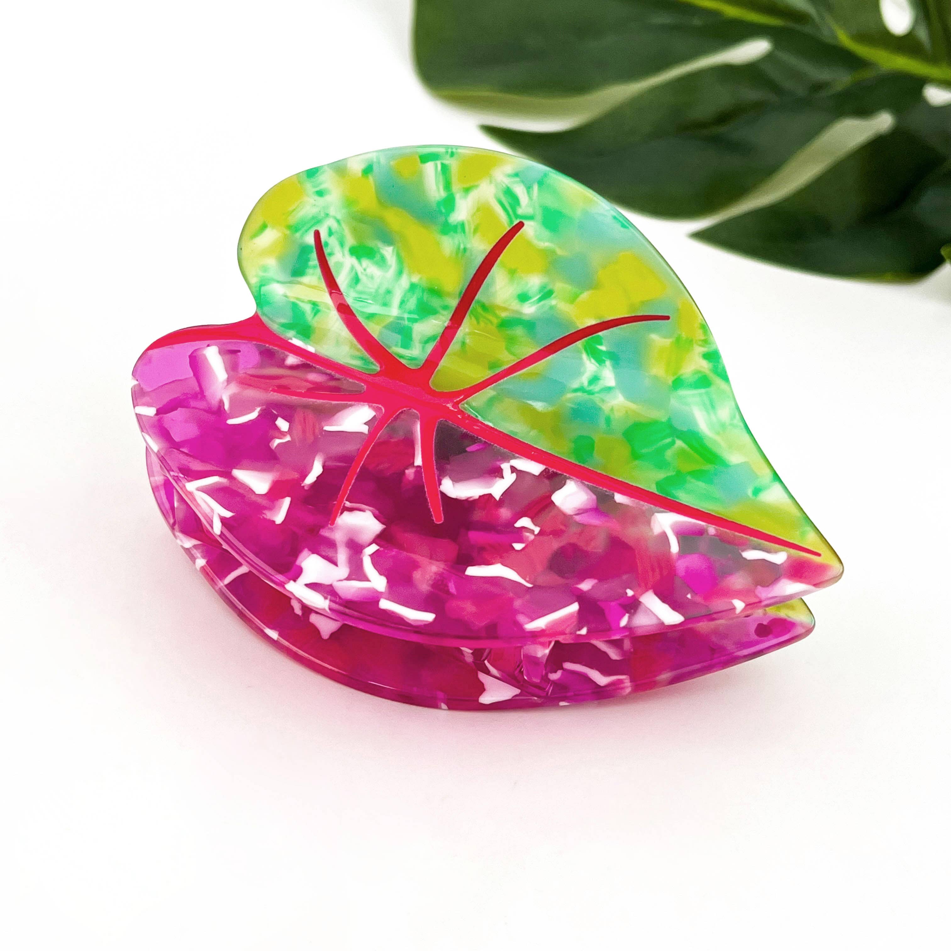 Red Palm Leaf & Monstera Acetate Hair Claw Clip-zoom-2