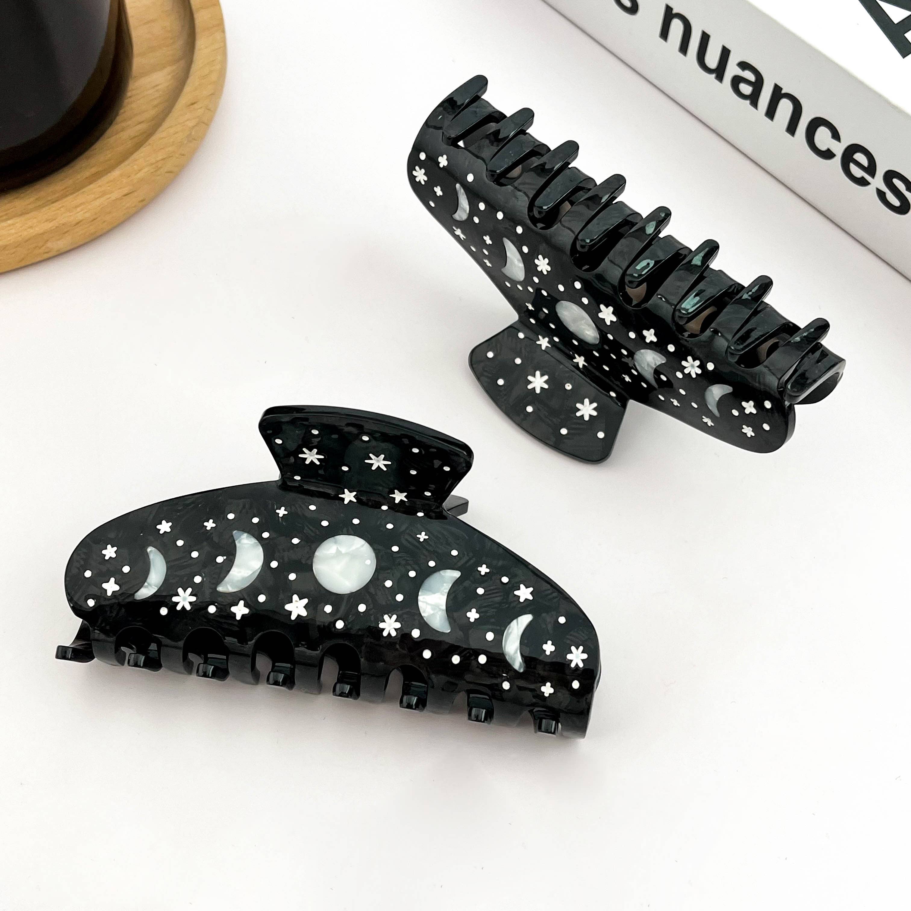 Black Starry Night Hair Claw, Crescent & Full Moon Hair Clip-zoom-4