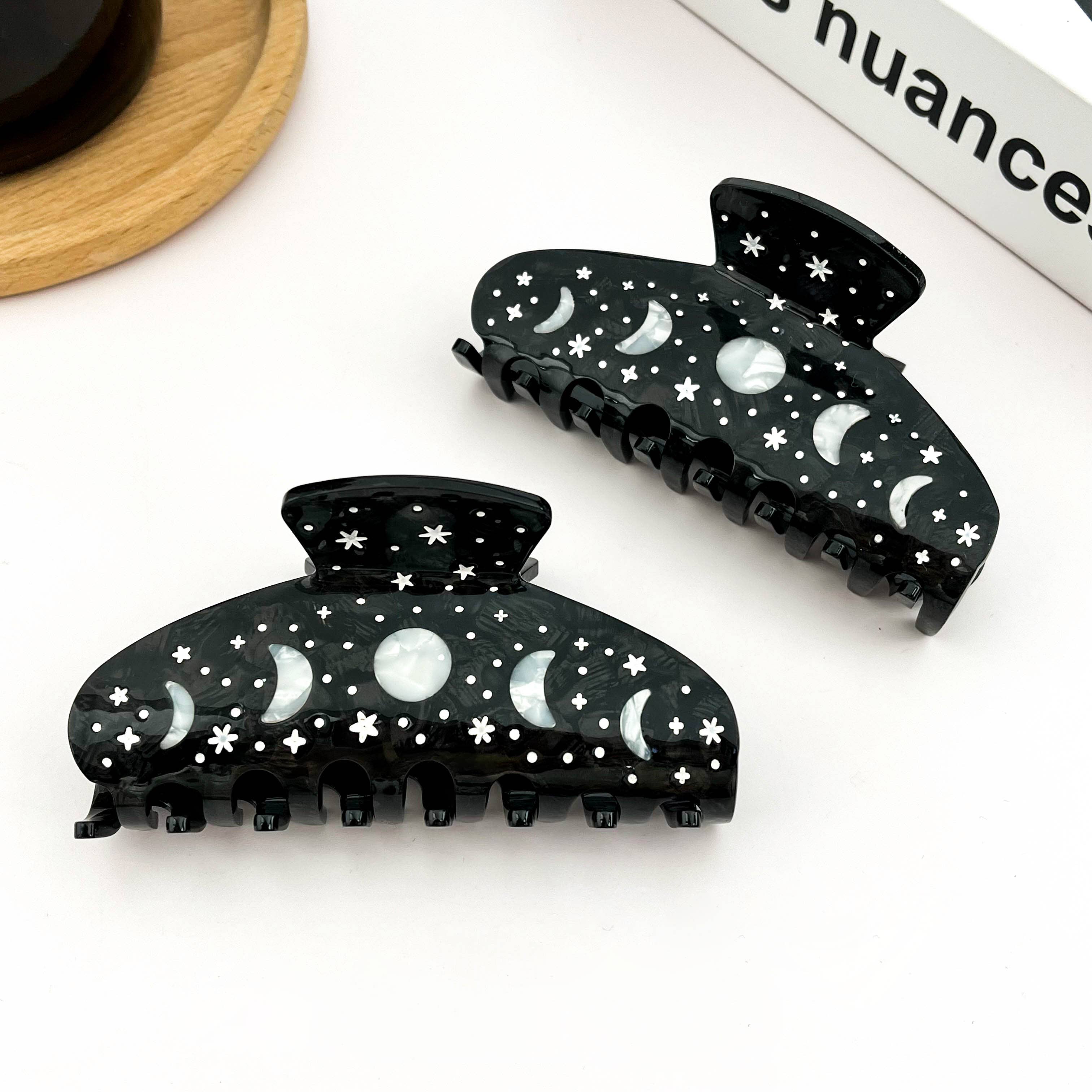 Black Starry Night Hair Claw, Crescent & Full Moon Hair Clip-zoom-5