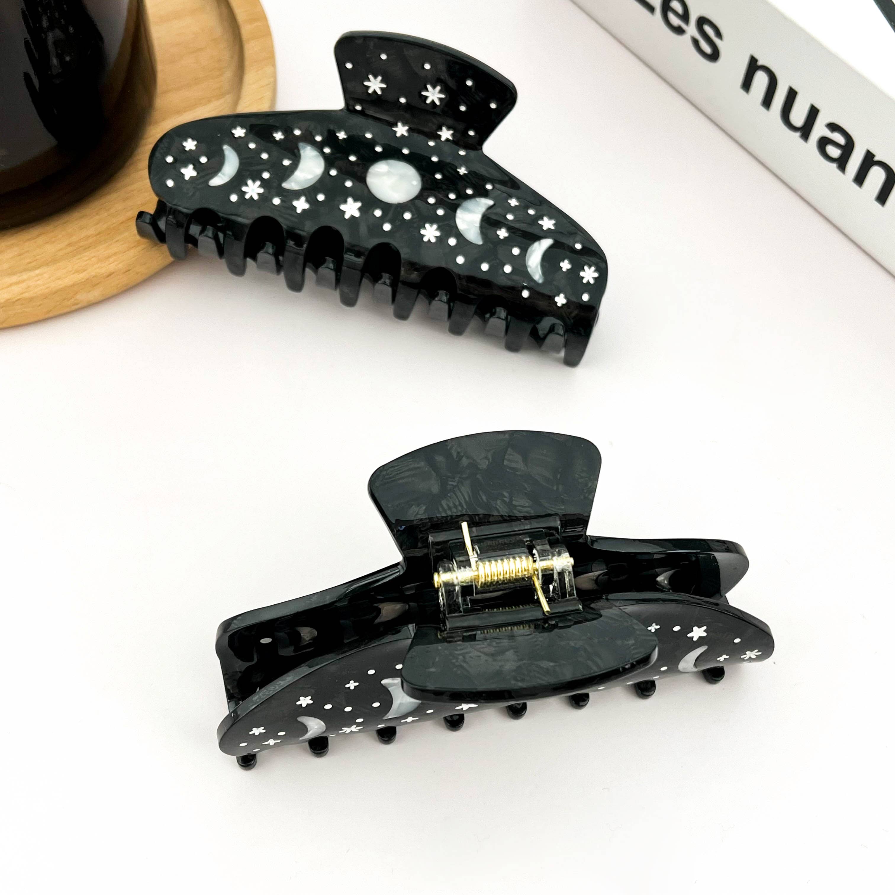 Black Starry Night Hair Claw, Crescent & Full Moon Hair Clip-zoom-6