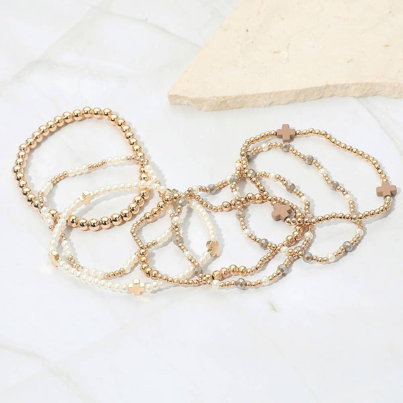7PCS - Cross Pearl Metal Ball Beaded Stretch Multi Layered Bracelets-zoom-
