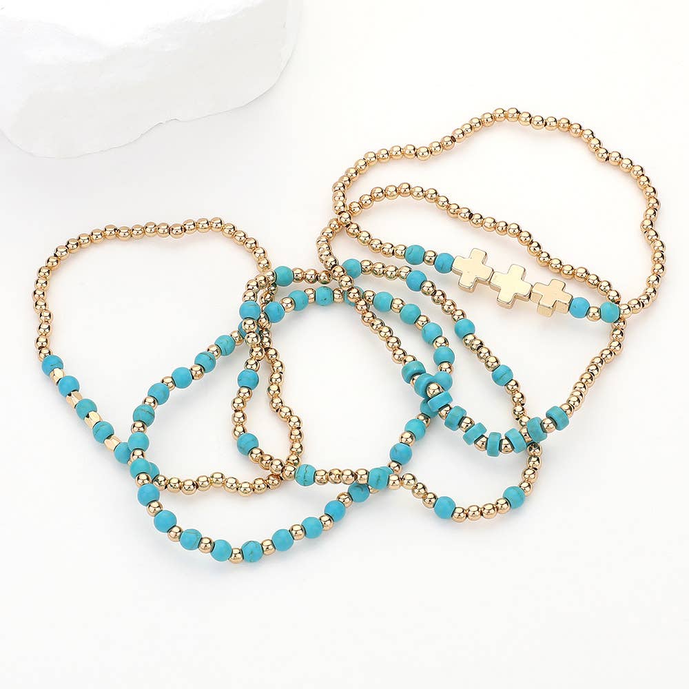 5PCS - Natural Stone Metal Cross Ball Beaded Stretch Multi Layered Bracelets-10