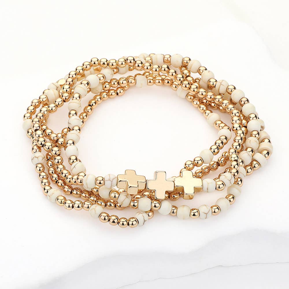 5PCS - Natural Stone Metal Cross Ball Beaded Stretch Multi Layered Bracelets-1