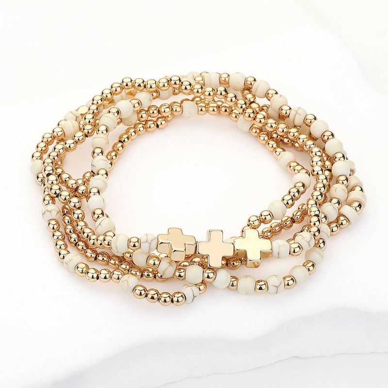 5PCS - Natural Stone Metal Cross Ball Beaded Stretch Multi Layered Bracelets-zoom-