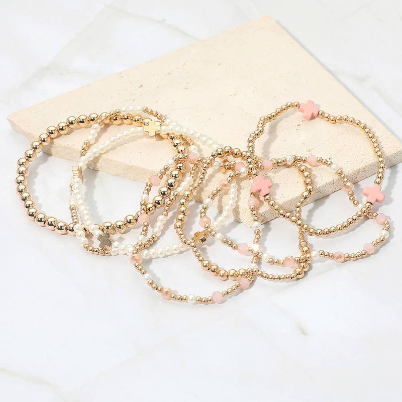 7PCS - Cross Pearl Metal Ball Beaded Stretch Multi Layered Bracelets-zoom-