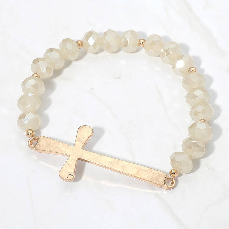 Brushed Hammered Metal Cross Accent Faceted Beaded Stretch Bracelet-zoom-