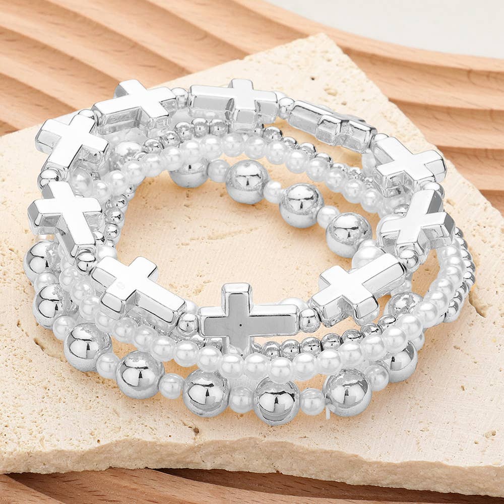 5PCS - Metal Cross Pearl Bead Stretch Multi Layered Bracelet-zoom-2