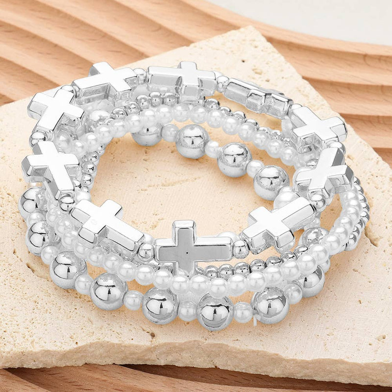 5PCS - Metal Cross Pearl Bead Stretch Multi Layered Bracelet-zoom-